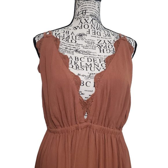 Wishlist Apparel Brown Maxi Dress Strappy Open Back Deep V Neck Flowy Large - Picture 2 of 14